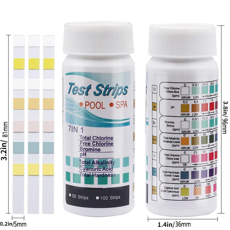 Pool and Spa Test Strips 7 in 1 - Bromine, PH, Chlorine, Hardness Test