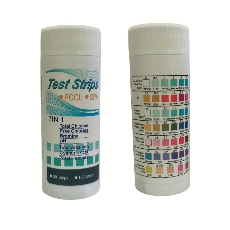 Pool and Spa Test Strips 7 in 1 - Bromine, PH, Chlorine, Hardness Test