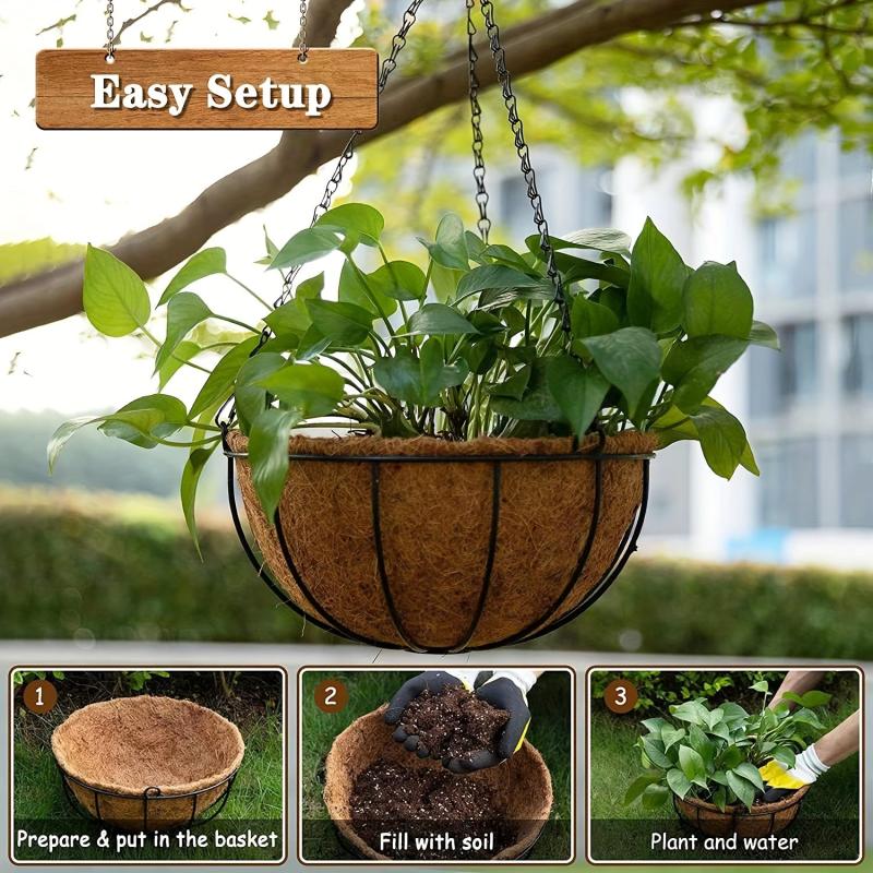 Coconut Brown Hanging Basket Metal Hook Wall Hanging Flower Pot