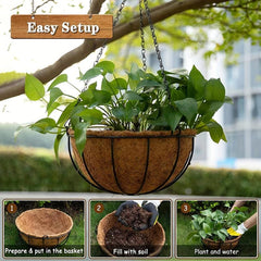 Coconut Brown Hanging Basket Metal Hook Wall Hanging Flower Pot