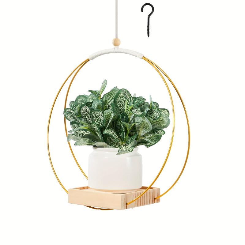 Boho Macrame Hanging Plant Holder with Wood Base - Indoor Plant Hanger