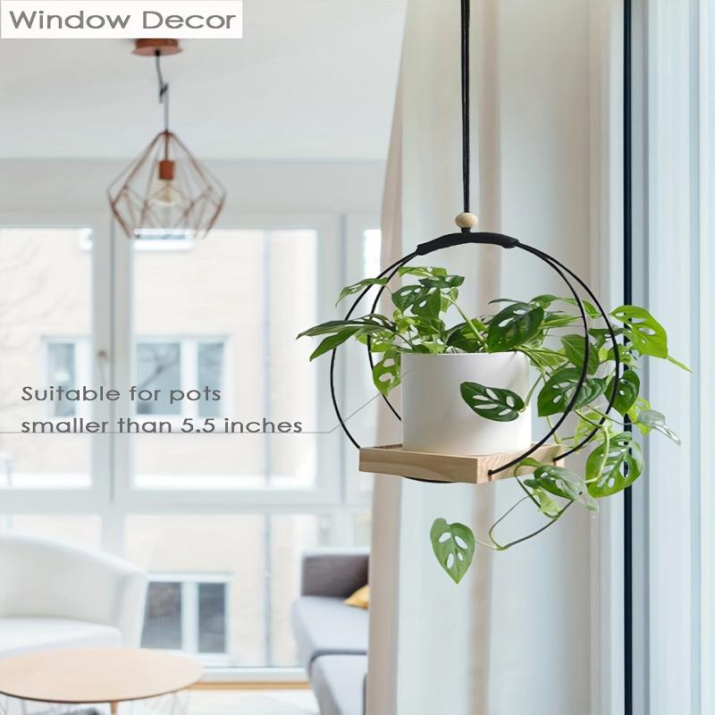 Boho Macrame Hanging Plant Holder with Wood Base - Indoor Plant Hanger