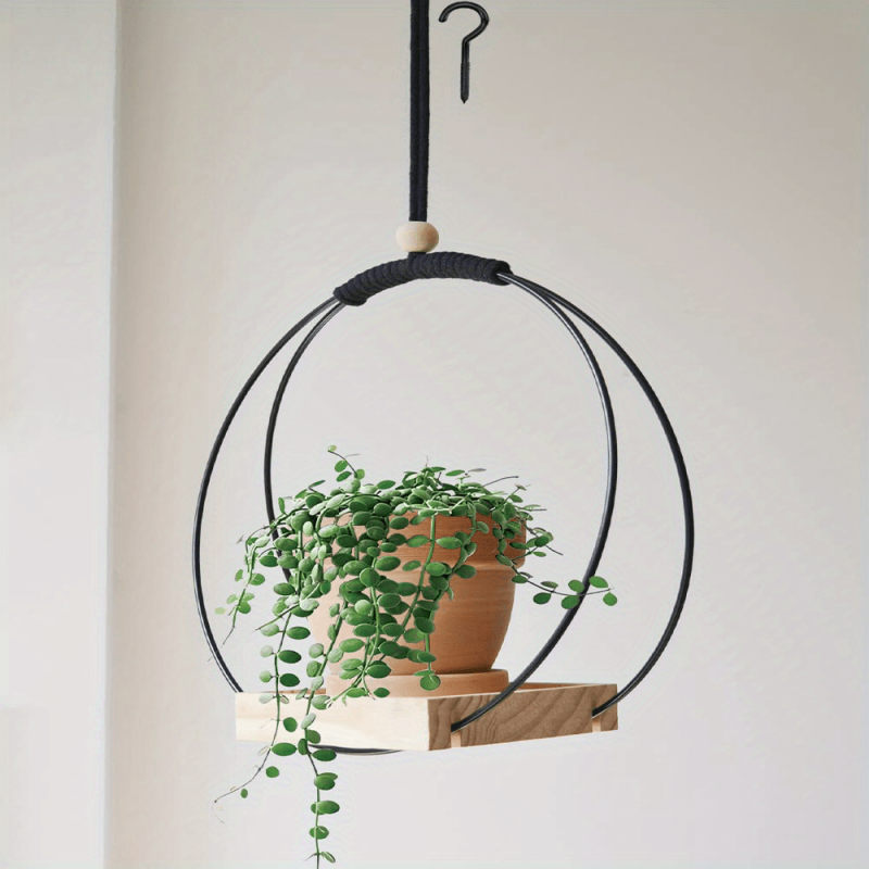Boho Macrame Hanging Plant Holder with Wood Base - Indoor Plant Hanger