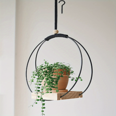 Boho Macrame Hanging Plant Holder with Wood Base - Indoor Plant Hanger
