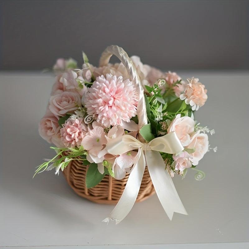 Hand Woven Rattan Flower Basket with Handle - Home Clutter Organizer