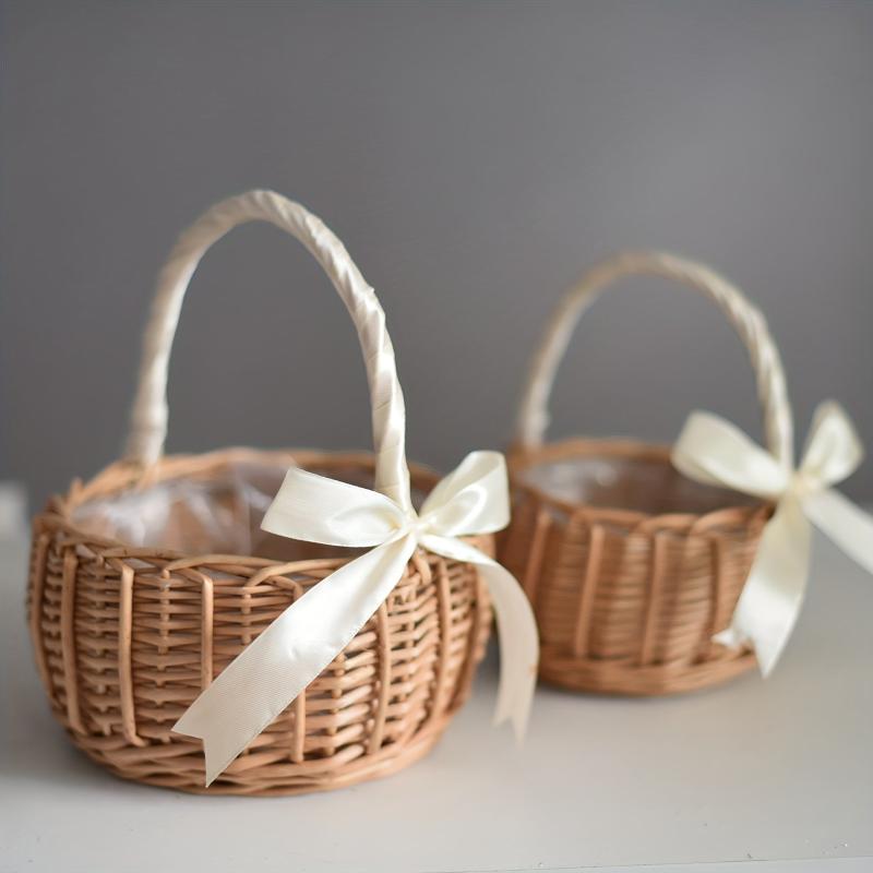 Hand Woven Rattan Flower Basket with Handle - Home Clutter Organizer