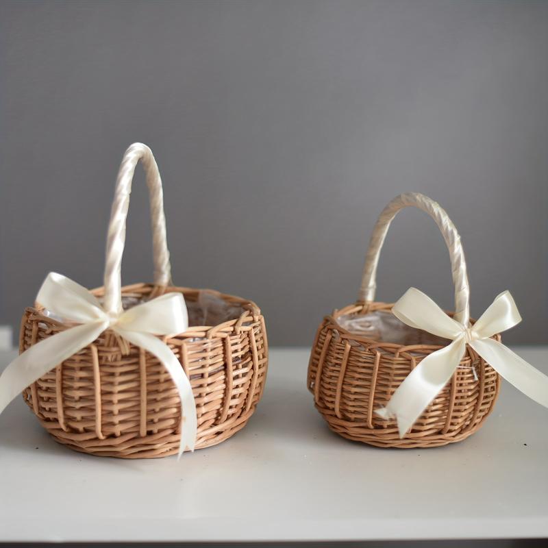 Hand Woven Rattan Flower Basket with Handle - Home Clutter Organizer