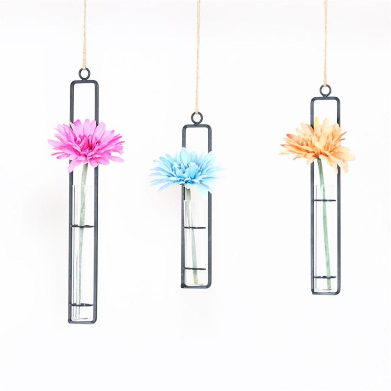 Creative Wall Hanging Flower Vase Iron Glass Hydroponics Planter Pot