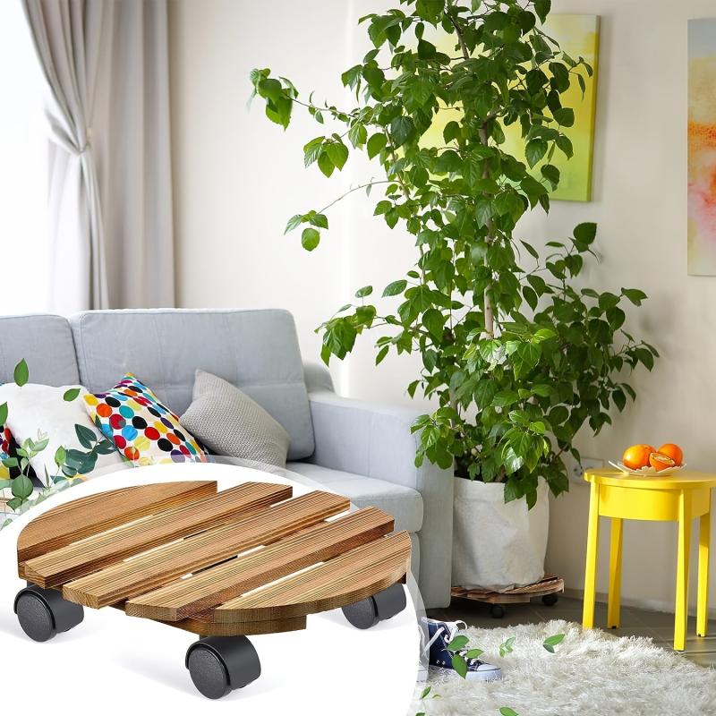 Wood Plant Caddy Heavy Duty Rolling Stand Indoor Outdoor Flower Pot
