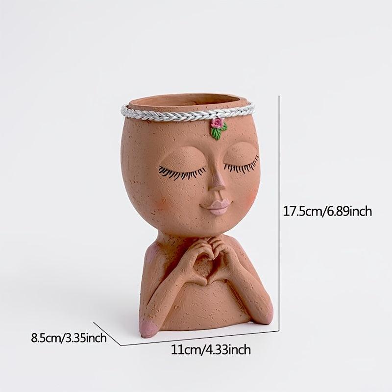 Love Gesture Girl Flower Pot Resin Female Head Statue Vase