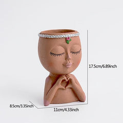 Love Gesture Girl Flower Pot Resin Female Head Statue Vase