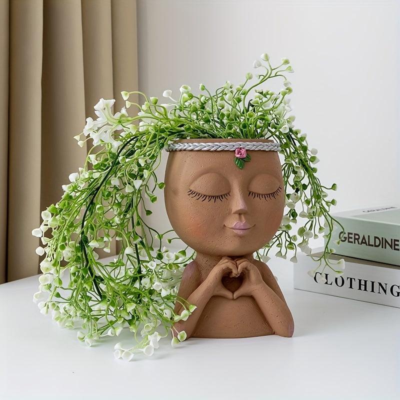 Love Gesture Girl Flower Pot Resin Female Head Statue Vase