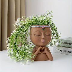Love Gesture Girl Flower Pot Resin Female Head Statue Vase