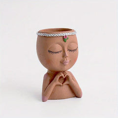 Love Gesture Girl Flower Pot Resin Female Head Statue Vase