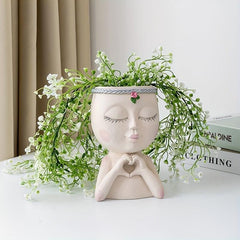 Love Gesture Girl Flower Pot Resin Female Head Statue Vase