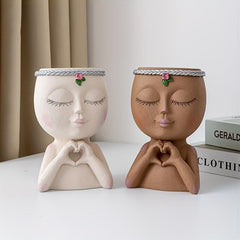 Love Gesture Girl Flower Pot Resin Female Head Statue Vase