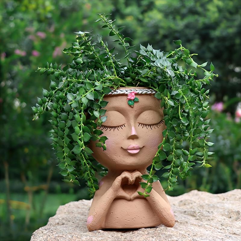 Love Gesture Girl Flower Pot Resin Female Head Statue Vase
