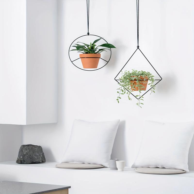 Boho Metal Hanging Planter with Plastic Pots - Diamond & Circle Shape