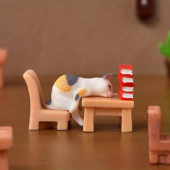 Resin Cat Book Desk Statue Ornament for Dollhouse Fairy