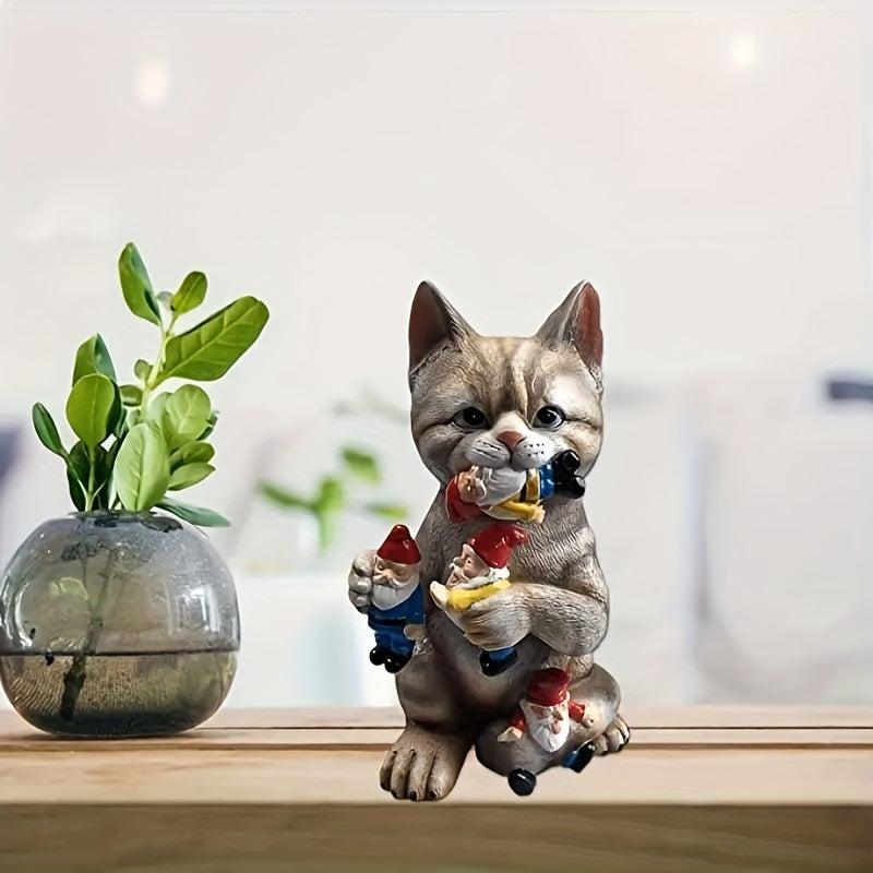 Naughty Cat With Gnome Prankster Cat Garden Statue Office Decoration