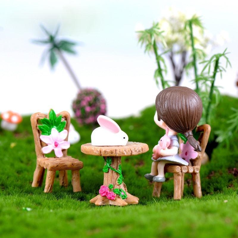 3 Piece Floral Wooden Table & Chairs Set for Fairy Garden Decor