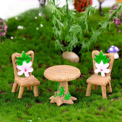 3 Piece Floral Wooden Table & Chairs Set for Fairy Garden Decor
