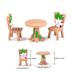 3 Piece Floral Wooden Table & Chairs Set for Fairy Garden Decor