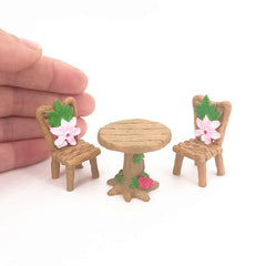 3 Piece Floral Wooden Table & Chairs Set for Fairy Garden Decor