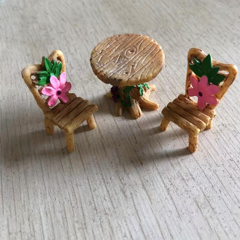 3 Piece Floral Wooden Table & Chairs Set for Fairy Garden Decor