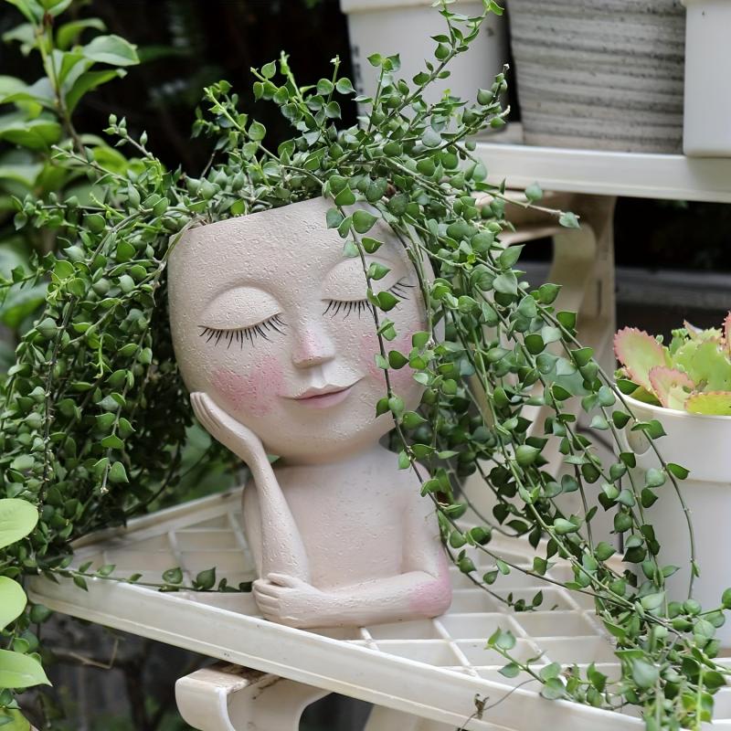 Face Flower Planters Pots Indoor Plants Resin Head Planter With Drainage Hole