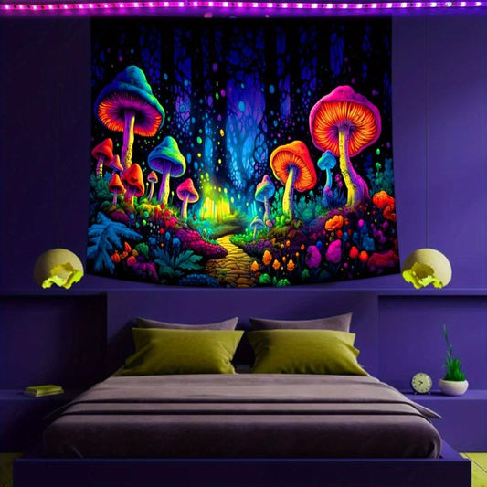 Neon Mushroom Forest Blacklight Tapestry Wall Hanging