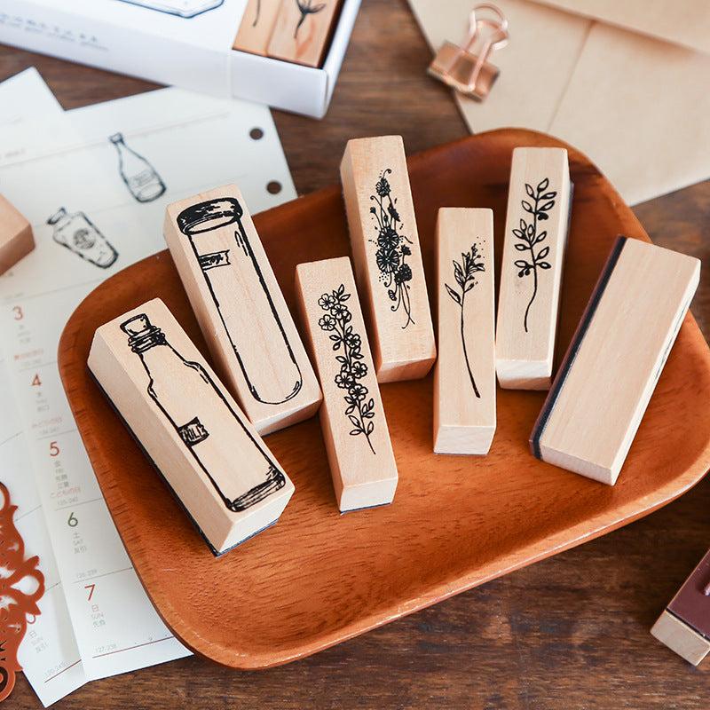 7pcs Vintage Wooden Rubber Stamps for Crafts and Scrapbooking