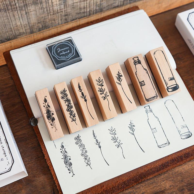 7pcs Vintage Wooden Rubber Stamps for Crafts and Scrapbooking