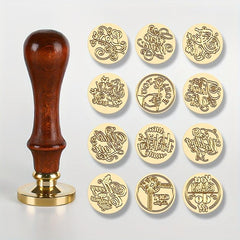 European Style Wax Seal with Oak Handle, Brass Seal Head