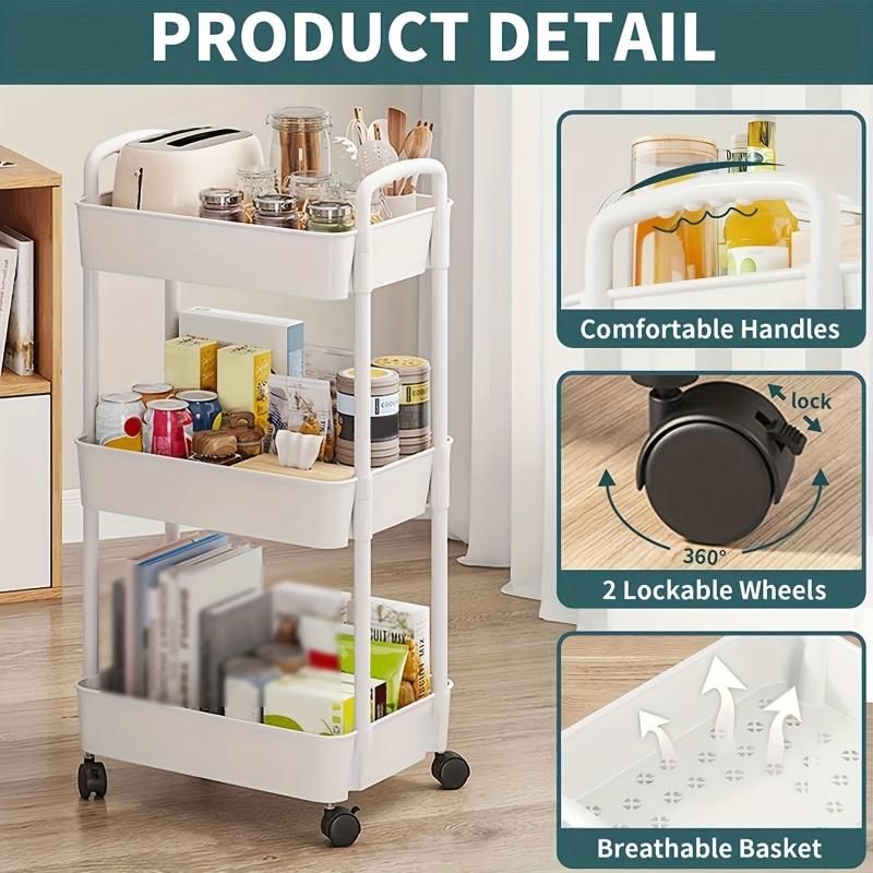 3 Tier Rolling Storage Cart with Lockable Wheels & Multifunctional Shelves