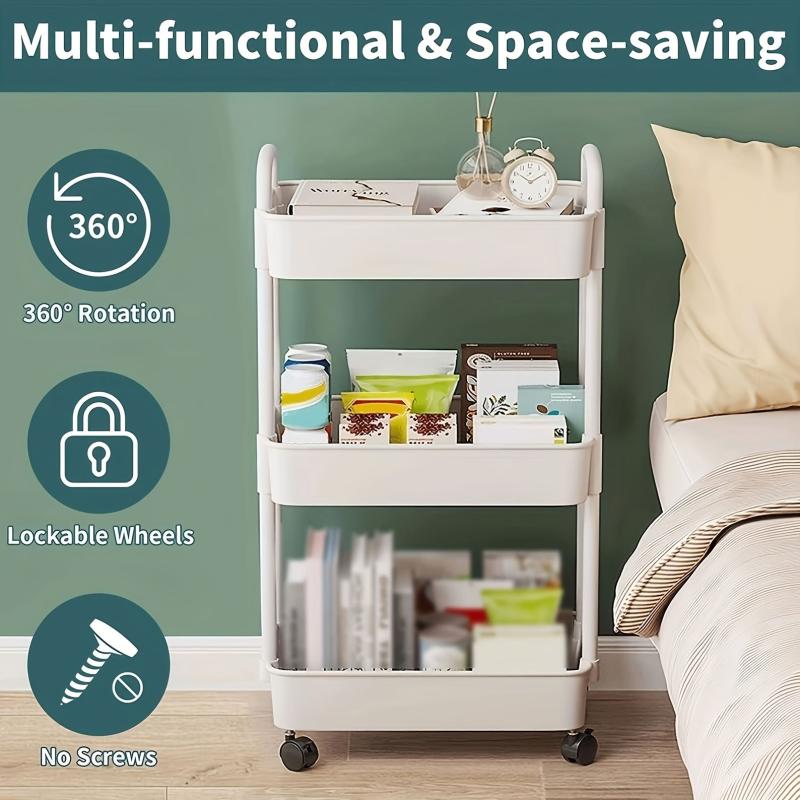 3 Tier Rolling Storage Cart with Lockable Wheels & Multifunctional Shelves