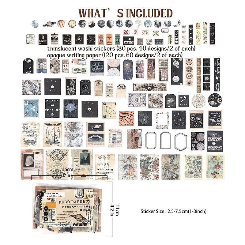 200pc Vintage Scrapbook Supplies Pack For DIY Planners Art Journaling