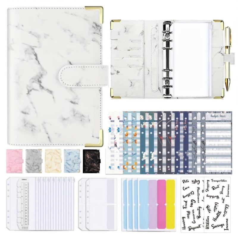 Marble PU Leather A6 Budget Book with Floral Clip