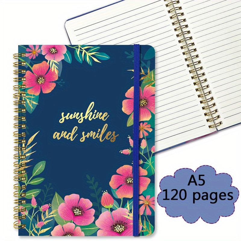 A5 Spiral Coil Notebook 120 Pages Text Flowers With Lines Diary