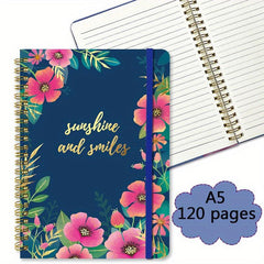 A5 Spiral Coil Notebook 120 Pages Text Flowers With Lines Diary