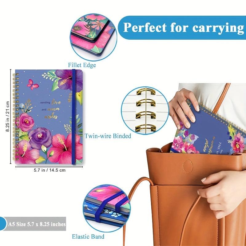A5 Spiral Coil Notebook 120 Pages Text Flowers With Lines Diary