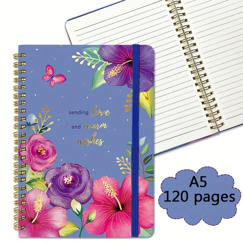 A5 Spiral Coil Notebook 120 Pages Text Flowers With Lines Diary