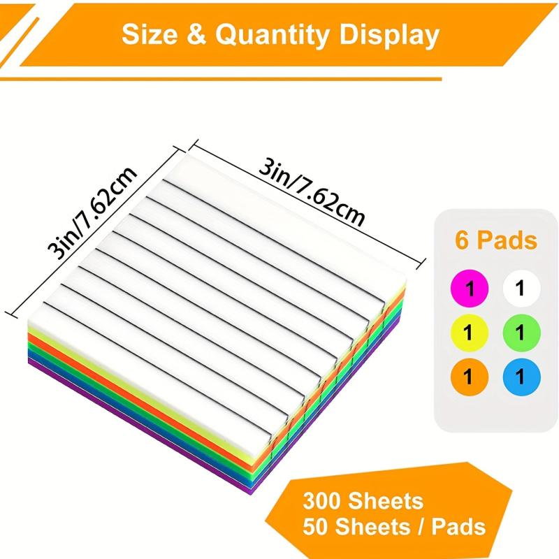 300 Sheets 3x3 Lined Sticky Notes, 6 Colors, Self Adhesive Memo