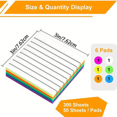 300 Sheets 3x3 Lined Sticky Notes, 6 Colors, Self Adhesive Memo