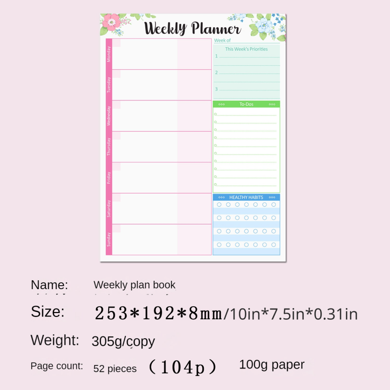 Weekly Planner Notepad Tear Out Planner Pad 52 Sheets 100gsm Paper