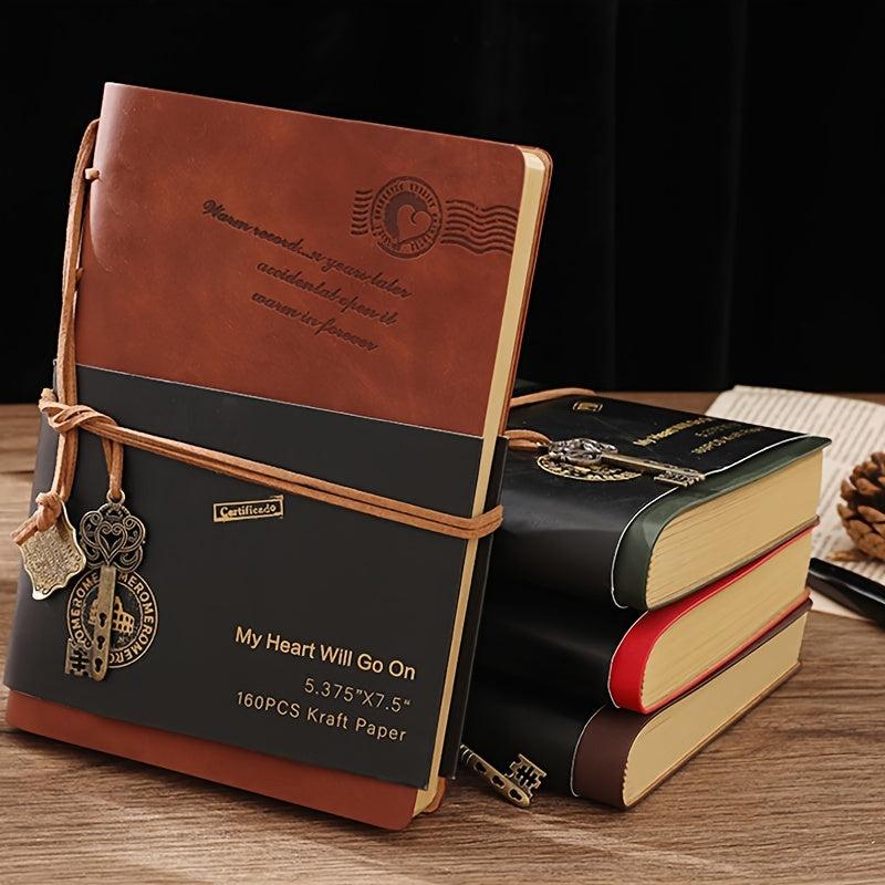 Leather Writing Journal Classic Embossed Travel Notebook & Retro Pendants