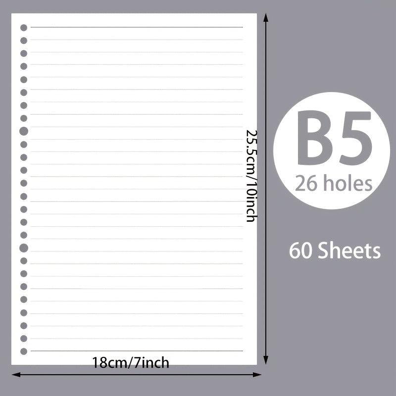 60pcs A5 B5 Horizontal Line Loose Leaf Paper Refill 20 Holes 26 Holes