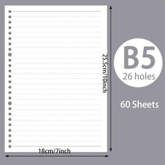 60pcs A5 B5 Horizontal Line Loose Leaf Paper Refill 20 Holes 26 Holes