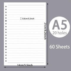 60pcs A5 B5 Horizontal Line Loose Leaf Paper Refill 20 Holes 26 Holes