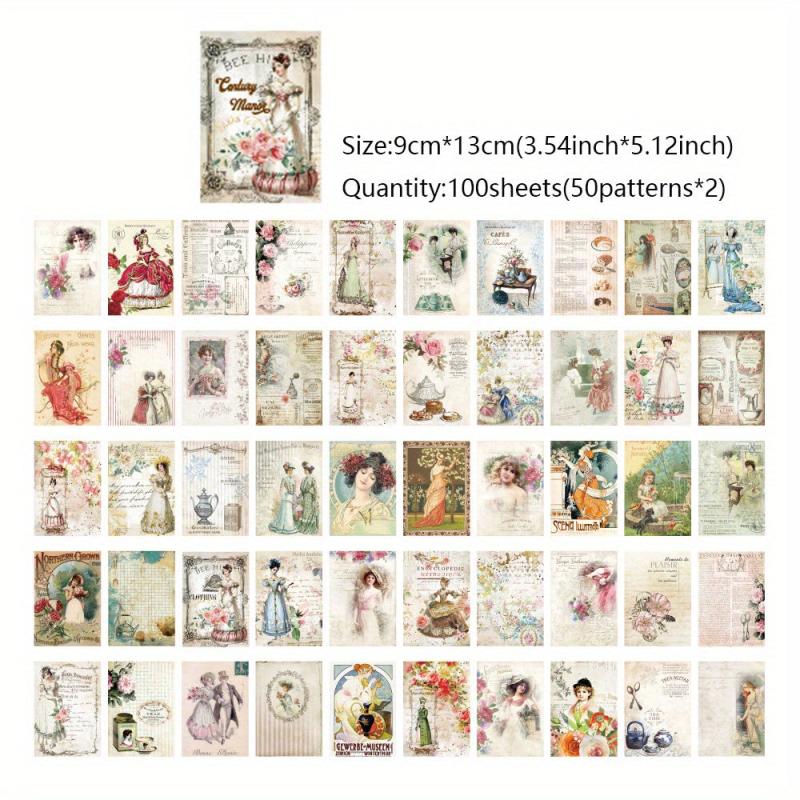 100 Sheets Vintage Scrapbook Paper Retro Character Images DIY Journaling